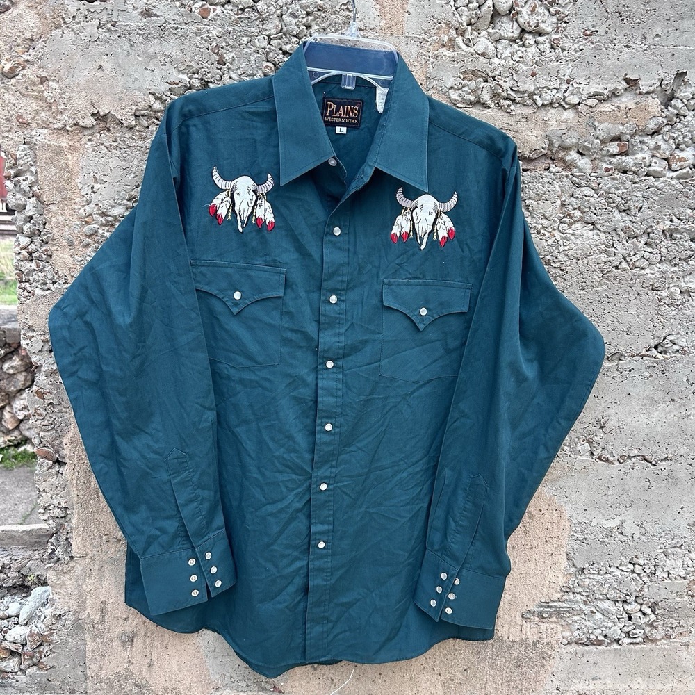 Vintage Plains Pearl Snap Shirt Cow Skull Embroidery Large Hunter‎ Green